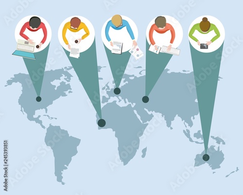 Distance learning or working around the world with students or employees from different countries online courses or work remotely vector illustration