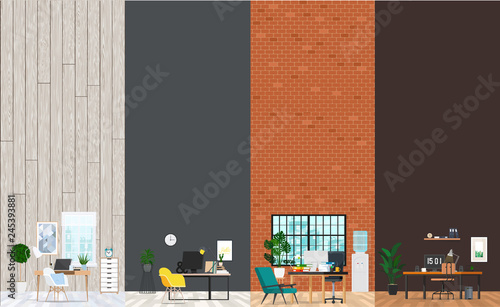 Interior office room. Different styles of design.