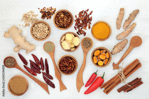Konstfotografi Spices for weight loss with turmeric, cumin, ginger, chilli, cinnamon and gymnema sylvestre used to suppress appetite