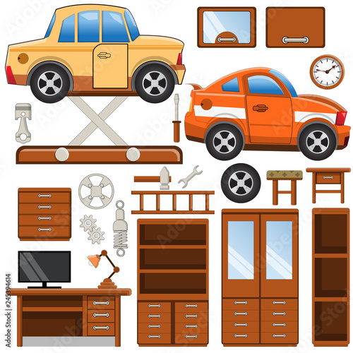 A set of equipment for the garage. Isolated on white background. Vector illustration. 