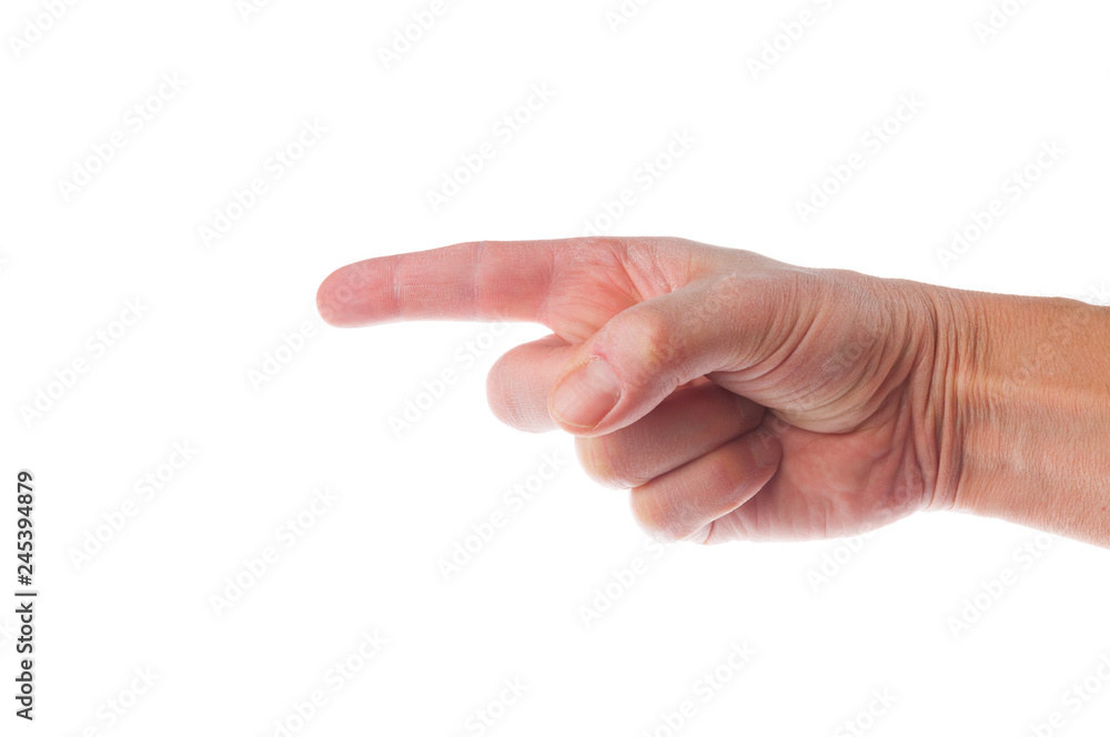 Man`s hand pointing direction on white background Man`s hand pointing direction on white background