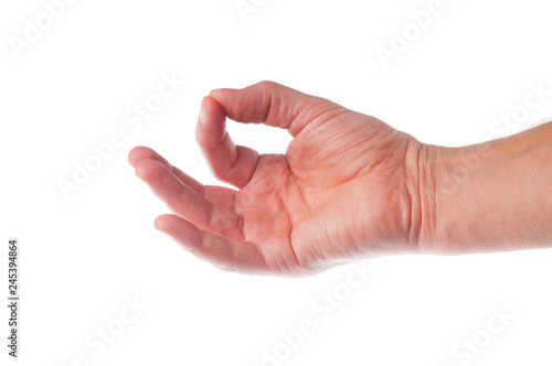 A man`s hand is showing in yoga gesture on white background