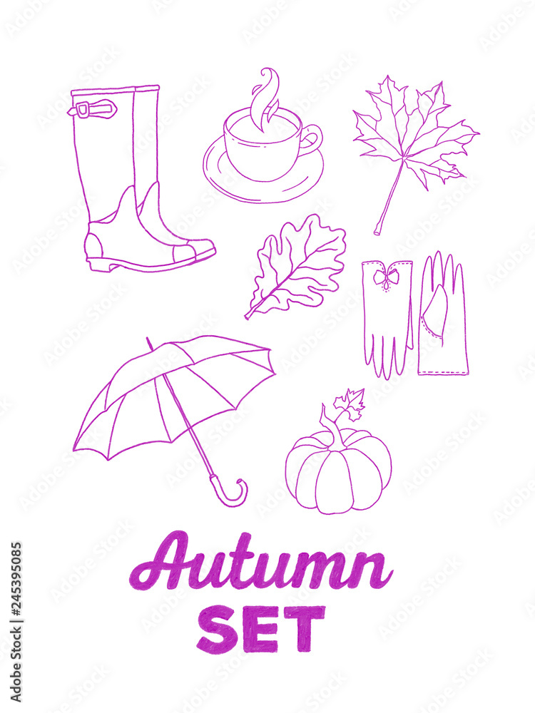 An autumn set of hand drawn objects. Umbrella, rubber boots, cup of hot drink, maple and oak leaf, gloves, pumpkin. Doodling, fall topic. An autumn set of hand drawn objects. Umbrella, rubber boots, cup of hot drink, maple and oak leaf, gloves, pumpkin. Doodling, fall topic.