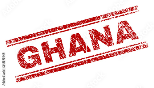 GHANA seal print with distress effect. Red vector rubber print of GHANA title with unclean texture. Text title is placed between double parallel lines.