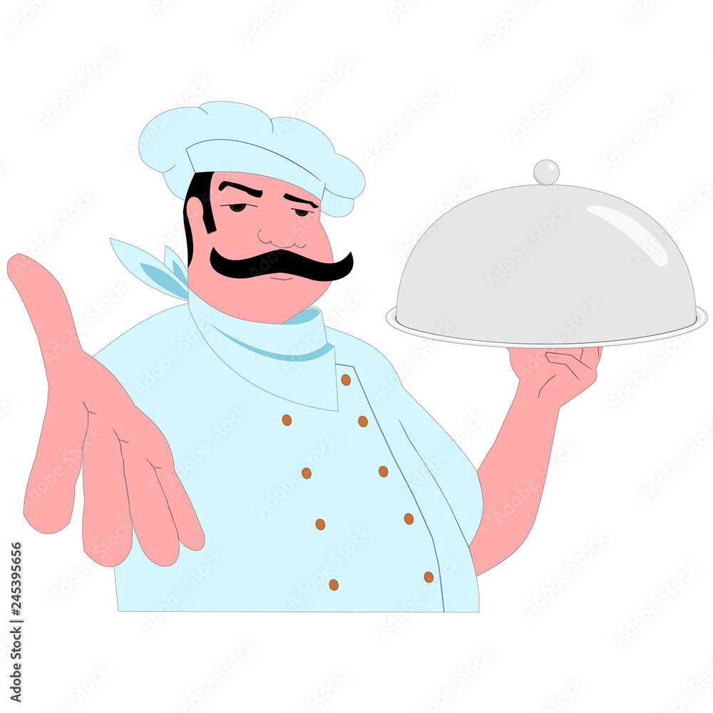 Vector. Mustache cook with a tray greets the visitor with a friendly gesture... or asking for a tip. Layers good separated. Vector. Mustache cook with a tray greets the visitor with a friendly gesture... or asking for a tip. Layers good separated.