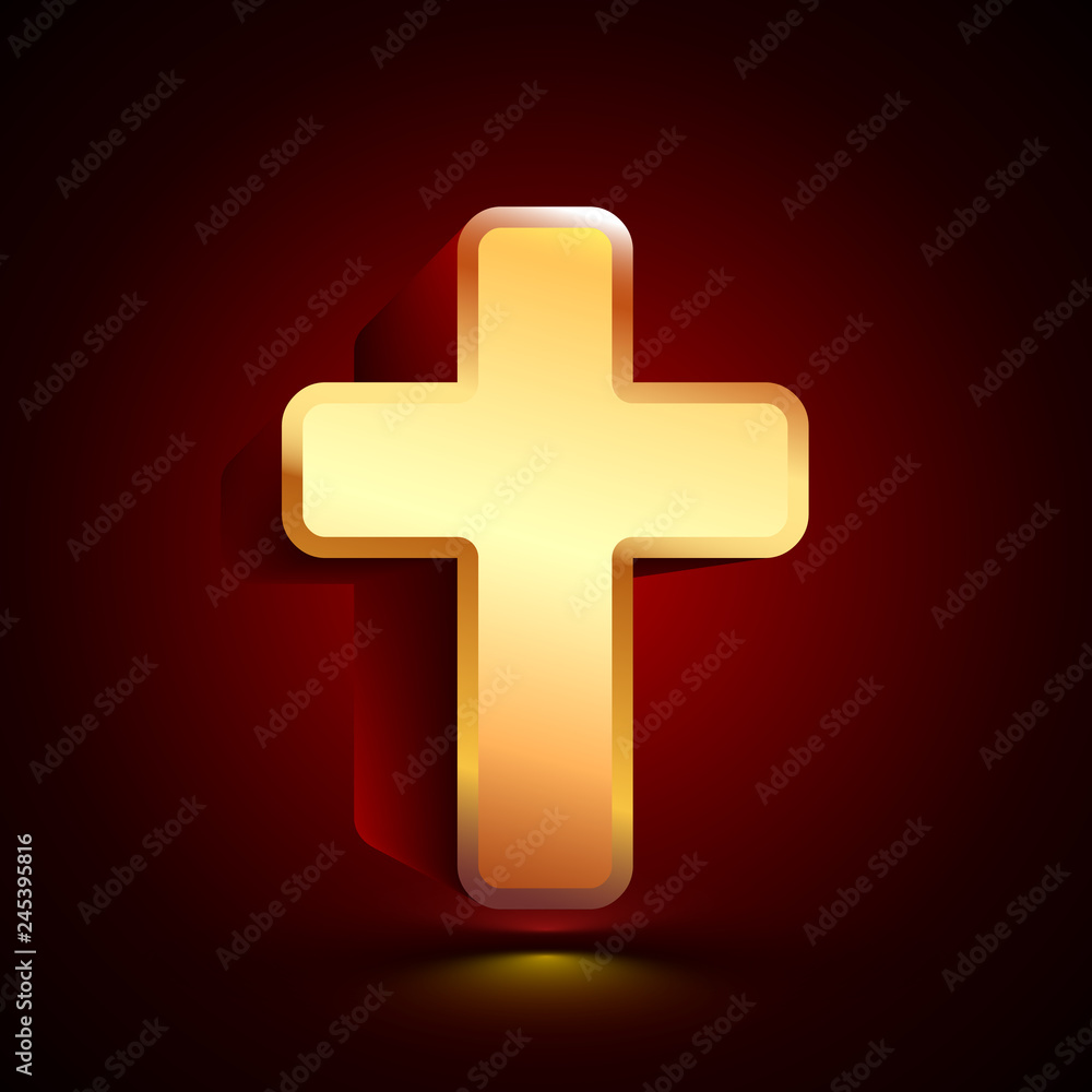 Obraz premium 3D stylized Cross icon. Golden vector icon. Isolated symbol illustration on dark background.