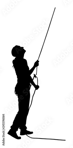 Woman with rope, rock climbing instructor guides another climber up on rock vector silhouette isolated on white. Extreme sports girl climbs with rope. Sport action in adventure park on rock wall skill