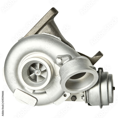 Steel turbocharger isolated on white background. Auto parts photo