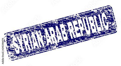 SYRIAN ARAB REPUBLIC stamp seal print with distress texture. Seal shape is a rounded rectangle with frame. Blue vector rubber print of SYRIAN ARAB REPUBLIC title with dirty texture.