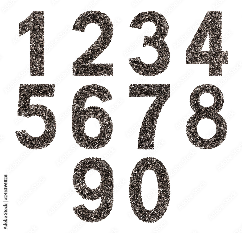 Set of arabic numbers, natural charcoal, isolated on white background Set of arabic numbers, natural charcoal, isolated on white background