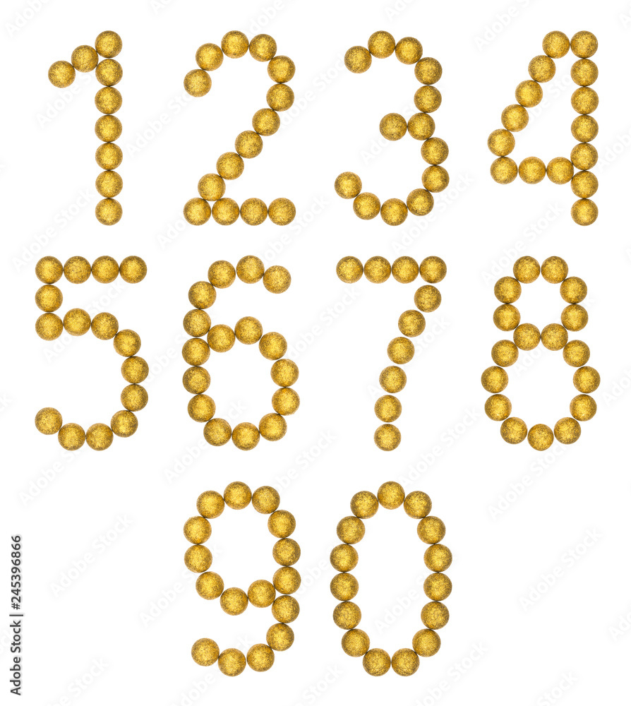 Set of arabic numbers from yellow christmas balls, isolated on white background