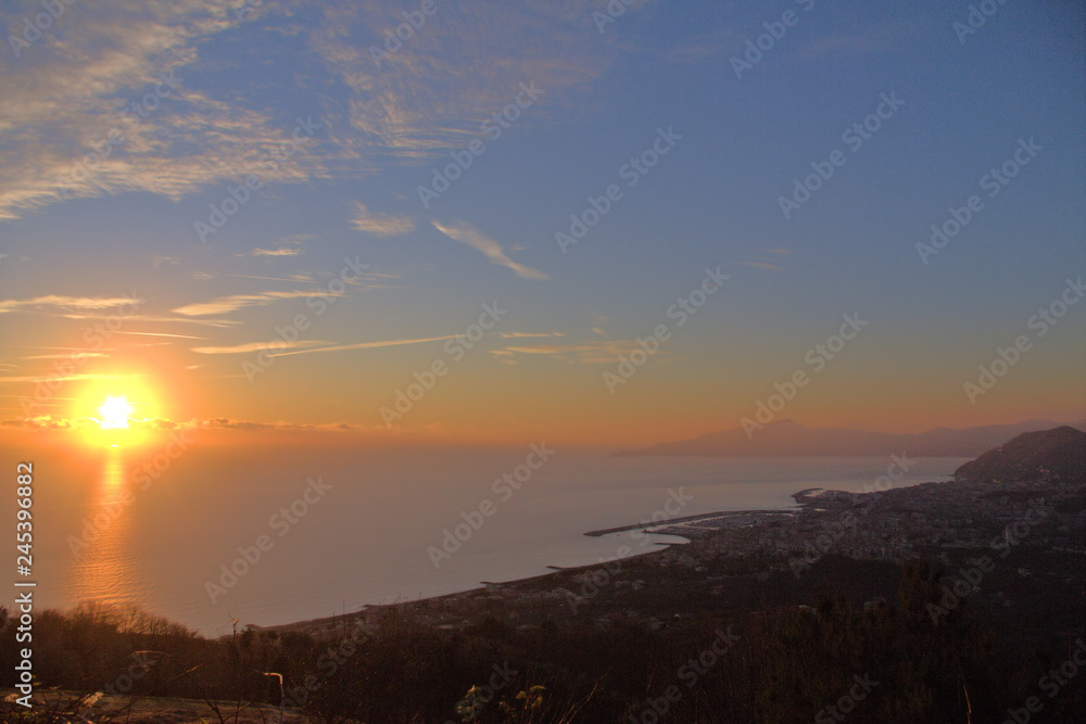 sunset on the sea,Golfo del Tigullio,Italy,horizon,orange,sky,seascape,panorama,view,light,sunlight,evening