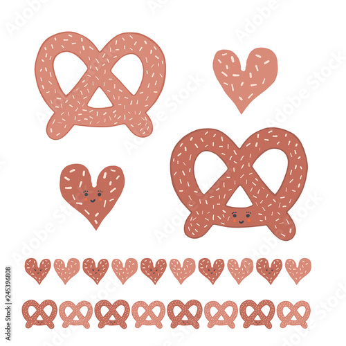 Cute pretzel cartoon with smiling face and heart. Vector illustration motif set. Hand drawn kawaii bakery bread clipart for kitchen foodie blog, german beer festival background, restaurant table menu.