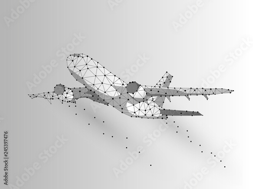 Abstract image of a airplane low poly abstract illustration consisting of points, lines, and shapes.Origami raster digit wireframe concept. business concept