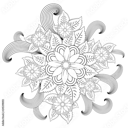 floral mandalaa stylized circular ornament. floral mandala. black-and-white drawing. coloring book for children and adults. page for artbook.