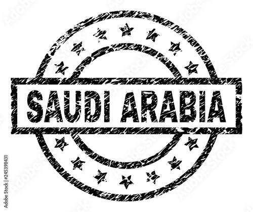 SAUDI ARABIA stamp seal watermark with distress style. Designed with rectangle, circles and stars. Black vector rubber print of SAUDI ARABIA text with dirty texture.