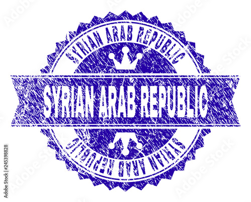 SYRIAN ARAB REPUBLIC rosette stamp watermark with grunge texture. Designed with round rosette, ribbon and small crowns.