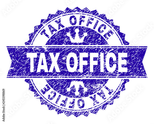 TAX OFFICE rosette stamp seal watermark with grunge texture. Designed with round rosette, ribbon and small crowns. Blue vector rubber watermark of TAX OFFICE label with unclean style.