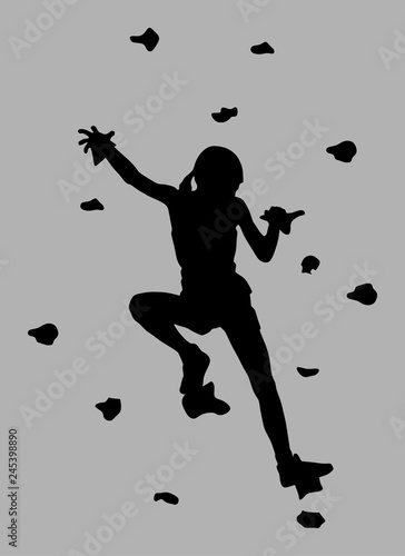 Extreme sport woman climb skill without rope. Girl climbing vector silhouette, isolated on background. Sport weekend action in adventure park. Rock wall for fun. Tough and healthy climber discipline
