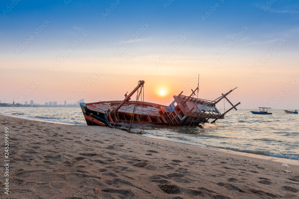 Fishing boat wrecks on the beach Sunset Fishing boat wrecks on the beach Sunset