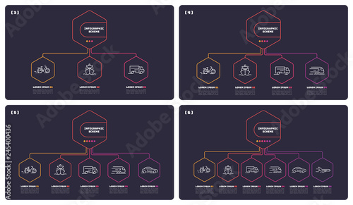 Thin line infographic schemes with 3 4 5 6 options. Vector templates for web, presentations, reports, visualizations. 