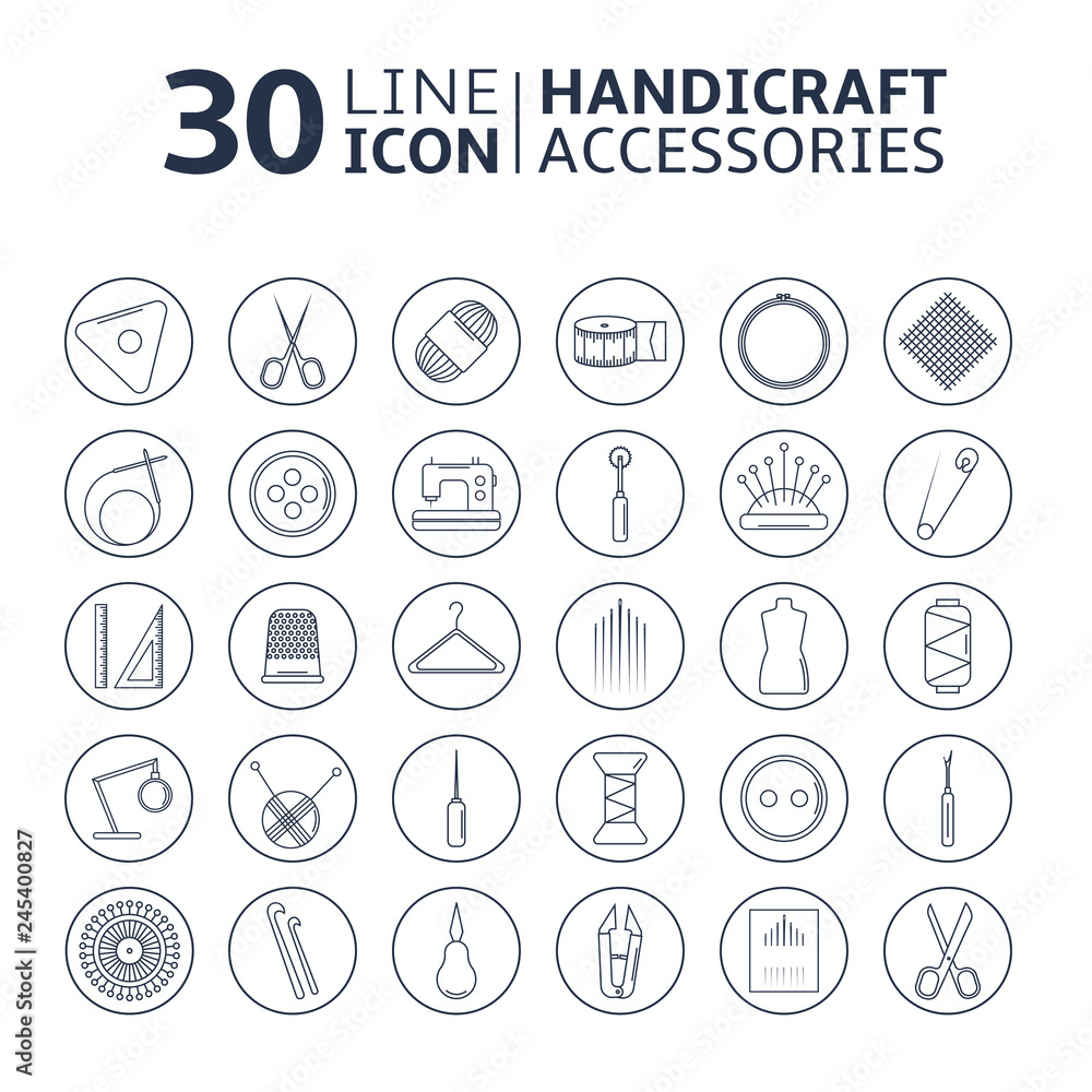 Vector handicraft accessories. Line art set of accessories for sewing and handmade. Vector handicraft accessories. Line art set of accessories for sewing and handmade.