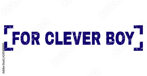 FOR CLEVER BOY label seal print with grunge texture. Text label is placed between corners. Blue vector rubber print of FOR CLEVER BOY with retro texture.