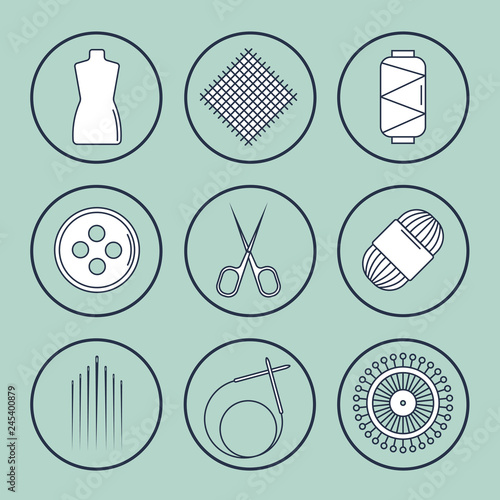 Vector handicraft accessories. Line art set of accessories for sewing and handmade.