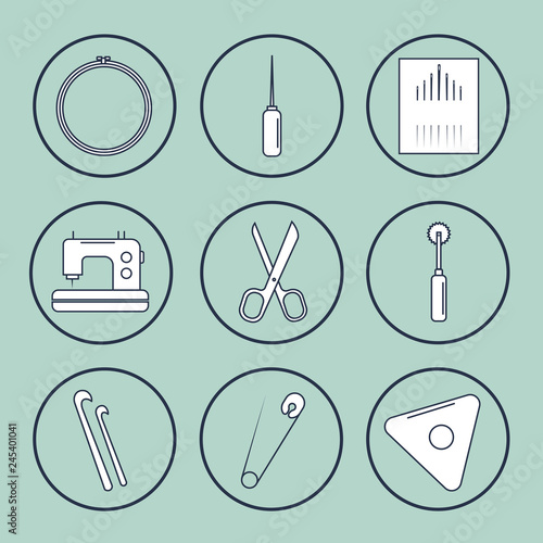 Vector handicraft accessories. Line art set of accessories for sewing and handmade.