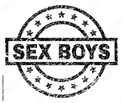 SEX BOYS stamp seal watermark with distress style. Designed with rectangle, circles and stars. Black vector rubber print of SEX BOYS text with corroded texture.