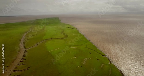 Aerial over lush grass plane on Marajo Island flying towards Amazon River over tributary carved out in the mud landscape photo