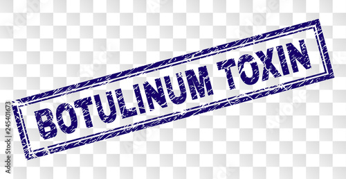 BOTULINUM TOXIN stamp seal print with grunge style and double framed rectangle shape. Stamp is placed on a transparent background.