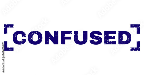 CONFUSED text seal imprint with grunge texture. Text label is placed inside corners. Blue vector rubber print of CONFUSED with grunge texture.