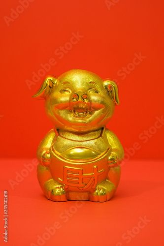 Pig coin bank for Chinese New Year Celebration shot with isolated red background.