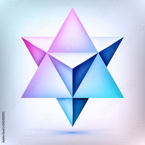 3d Merkaba, esoteric crystal, sacral geometry shape, volume star, mesh form, abstract vector object