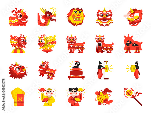 Chinese lion dance line icon set. Included the icons as performances, musician, lion dance, dragon dance, celebration and more.