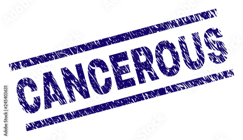 CANCEROUS seal print with distress style. Blue vector rubber print of CANCEROUS caption with dust texture. Text label is placed between parallel lines.