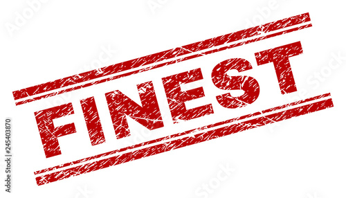 FINEST seal print with distress effect. Red vector rubber print of FINEST text with unclean texture. Text caption is placed between double parallel lines.