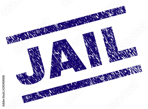 JAIL seal print with distress style. Blue vector rubber print of JAIL title with grunge texture. Text title is placed between parallel lines.