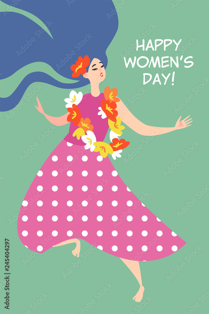 Vector greeting card for the International Women's Day with a cute dancing girl