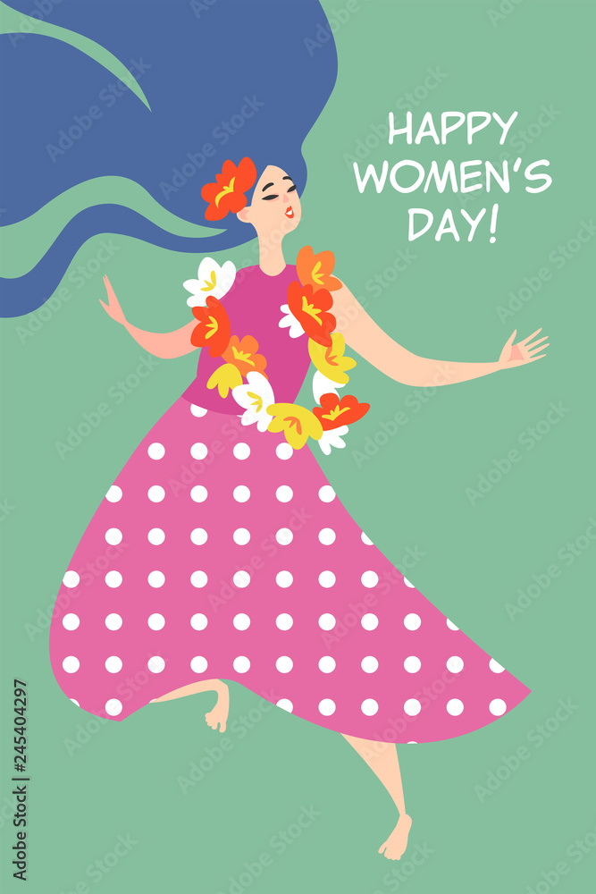 Vector greeting card for the International Women's Day with a cute dancing girl Vector greeting card for the International Women's Day with a cute dancing girl