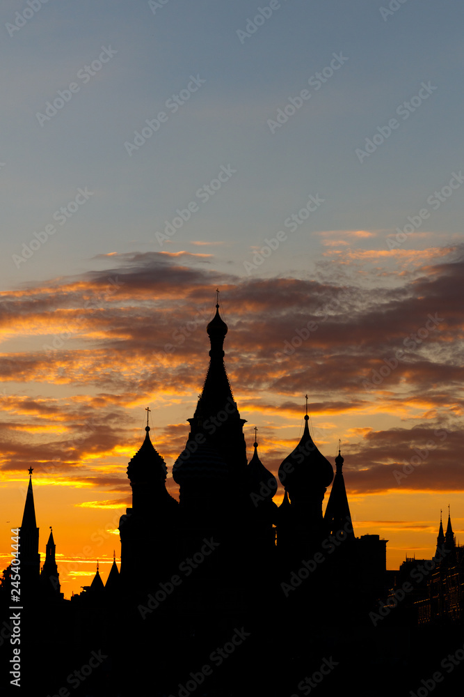 The St Basil Cathedral on a sunset ornes the Red Square in Moscow Russia 