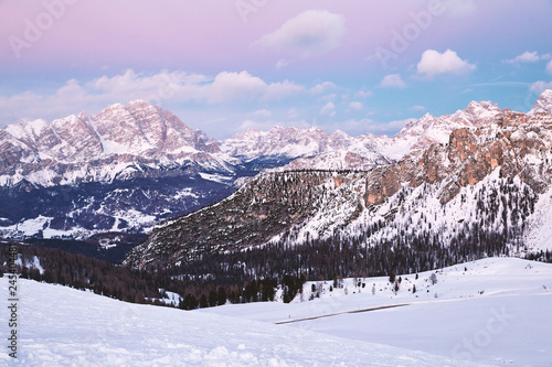 Cortina Ampezzo ski resort mountains covered in snow at suns
