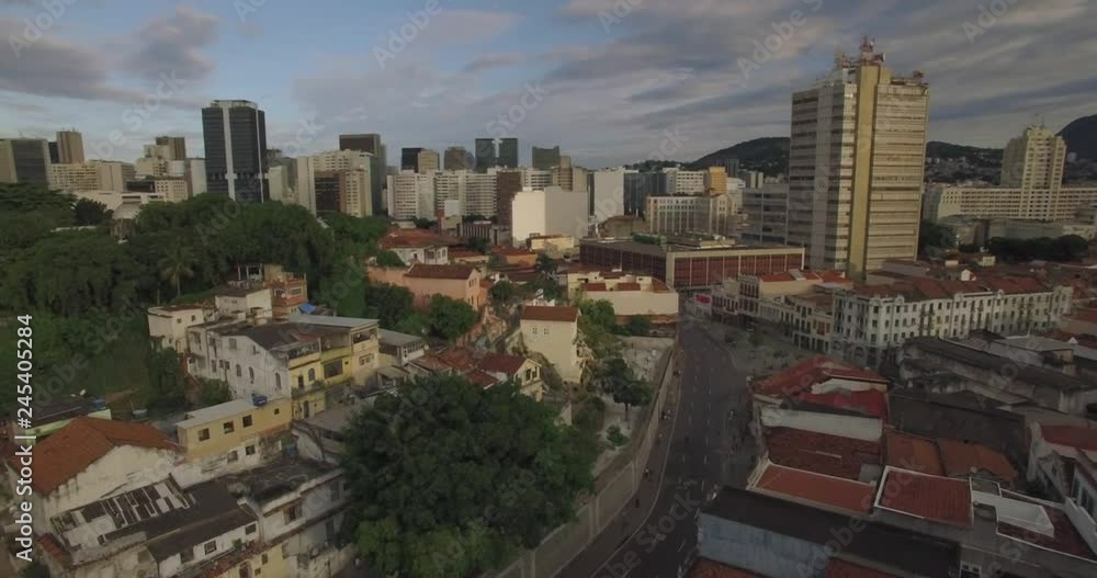 Aerial move around of The Hanging Garden of Valongo, a landscaped building located on the western slope of the Morro da Conceição in the neighborhood of Saúde in the city of Rio de Janeiro, Brazil wit