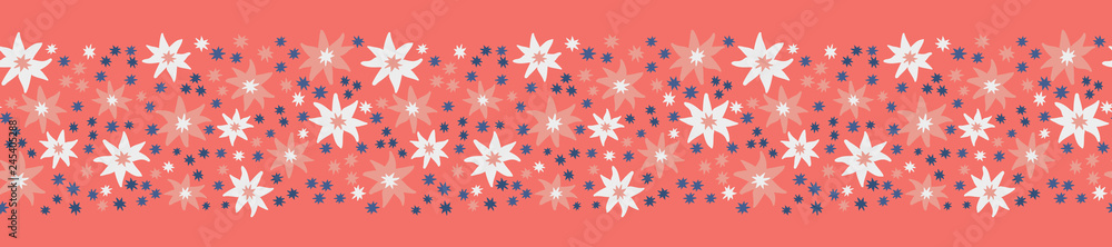 Small hand drawn star shaped flowers create a pretty coral border pattern for paper, fabrics, decorative tape, fashion accessories, stationery and graphic design uses. Seamless repeat vector. Small hand drawn star shaped flowers create a pretty coral border pattern for paper, fabrics, decorative tape, fashion accessories, stationery and graphic design uses. Seamless repeat vector.