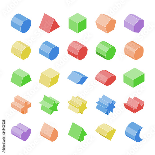 Basic isometric set vector geometric 3d shapes. Kids figures school collection. Cylinder, cube, triangular prism, hexagonal, cuboid, parallelepiped, cross, crown, heart, drop, arrow, diamond, crescent