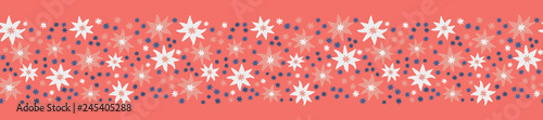 Small hand drawn star shaped flowers create a pretty coral border pattern for paper, fabrics, decorative tape, fashion accessories, stationery and graphic design uses.  Seamless repeat vector.