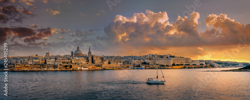 Waterfront of Valletta at sunset sunlight. Malta