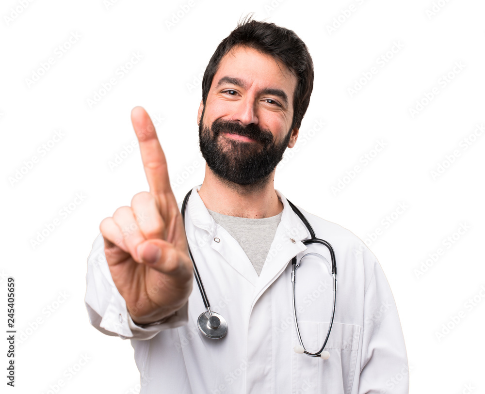 Young doctor counting one on white background Young doctor counting one on white background