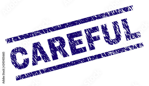 CAREFUL seal watermark with scratced style. Blue vector rubber print of CAREFUL text with unclean texture. Text caption is placed between parallel lines.